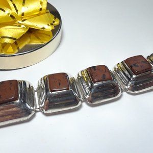 Estate Natural Brown Jasper Pyramid Link 7.25" Sterling Silver 45g Bracelet17033